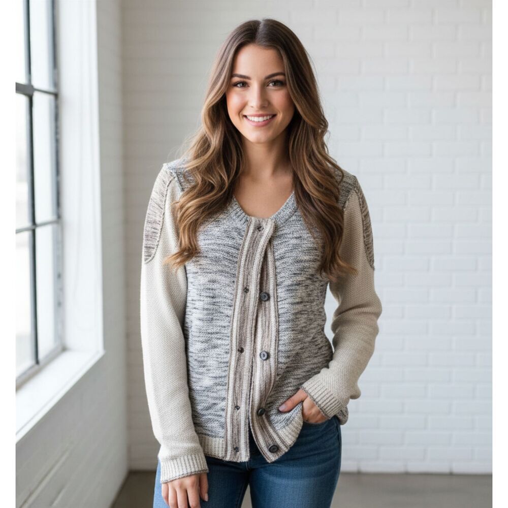 BKE Women's Textured Gray and Cream Cardigan